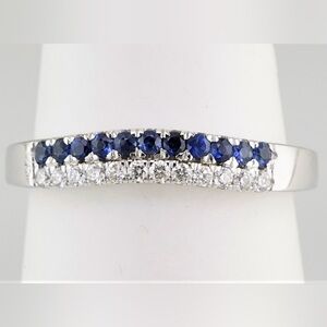 Solid 14k white gold Natural Sapphire Natural Diamond curved anniversary band